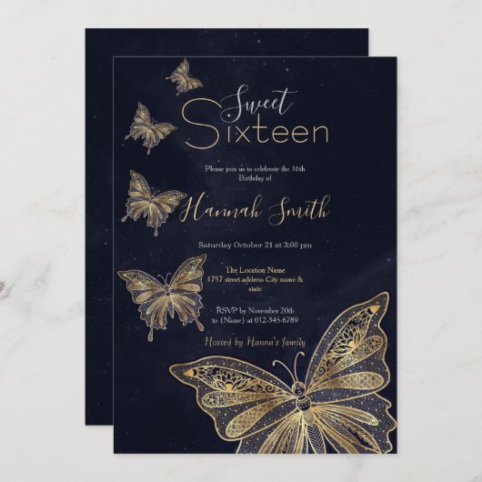 金ゴールド蝶の天の美学 招待状 (正面/裏面)