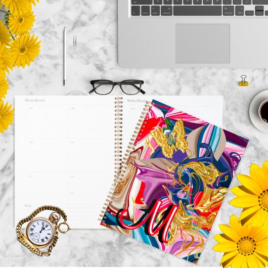 金ゴールド蝶の煙赤モノグラム液体抽象芸術 プランナー手帳