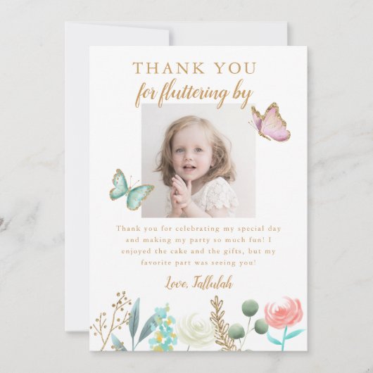 金ゴールド蝶の誕生日パーティーの写真 サンキューカード (正面)
