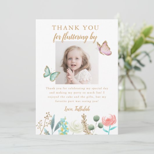 金ゴールド蝶の誕生日パーティーの写真 サンキューカード (スタンド正面)