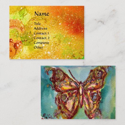 金ゴールド蝶の黄色いキラキラ白い真珠 名刺 (正面/裏面)