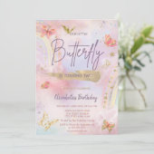金ゴールド蝶ウォーターカラーレインボー誕生日 招待状 (スタンド正面)