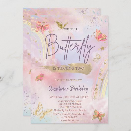 金ゴールド蝶ウォーターカラーレインボー誕生日 招待状 (正面/裏面)