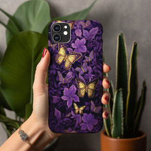 金ゴールド蝶オン紫の花 iPhone 13 PRO MAXケース