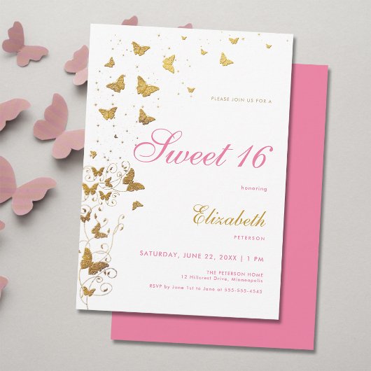 金ゴールド蝶ガーデンエレガントピンクガールスウィート16 招待状