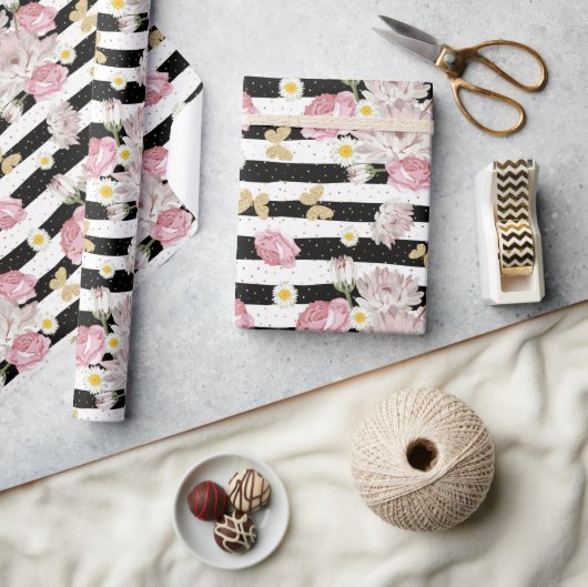 金ゴールド蝶バラデイジー花柄ギフト ラッピングペーパー (クラフト)