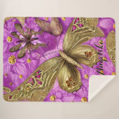 金ゴールド蝶ピンクの花の名パーソナライズされた前 シェルパブランケット (正面(横))