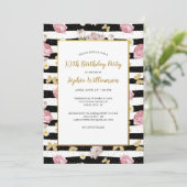 金ゴールド蝶フローラストライプパターン誕生日 招待状 (スタンド正面)