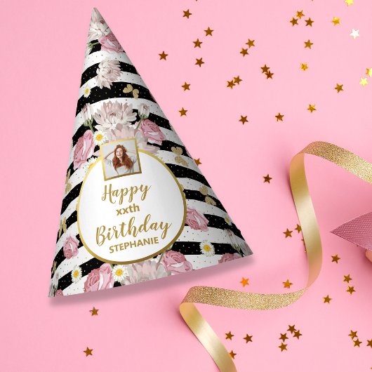 金ゴールド蝶フローラテーマハッピーバースデー写真 パーティーハット