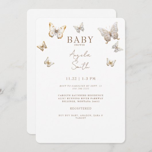 金ゴールド蝶ベビーガールシャワー 招待状 (正面/裏面)