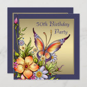 金ゴールド蝶女性50th誕生日パーティー 招待状 (正面/裏面)