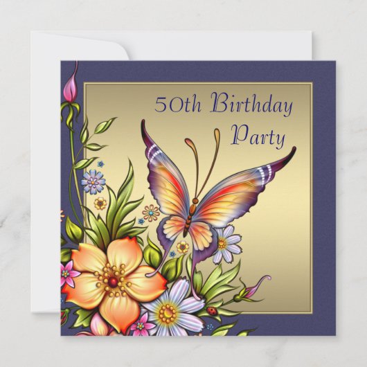 金ゴールド蝶女性50th誕生日パーティー 招待状 (正面)