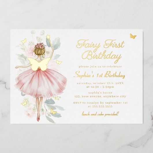 金ゴールド蝶赤面妖精フェアリー最初の1歳の誕生日 箔招待状 (正面)