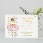 金ゴールド蝶赤面妖精フェアリー最初の1歳の誕生日 箔招待状 (立ち正面)