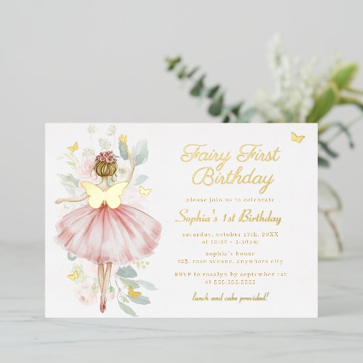 金ゴールド蝶赤面妖精フェアリー最初の1歳の誕生日 箔招待状 (立ち正面)