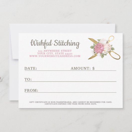 金ゴールド裁縫はさみフローラギフト券カード 招待状 (裏面)