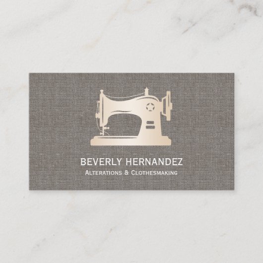 金ゴールド裁縫マシンシーメストレスグレーリネン 名刺 (正面)