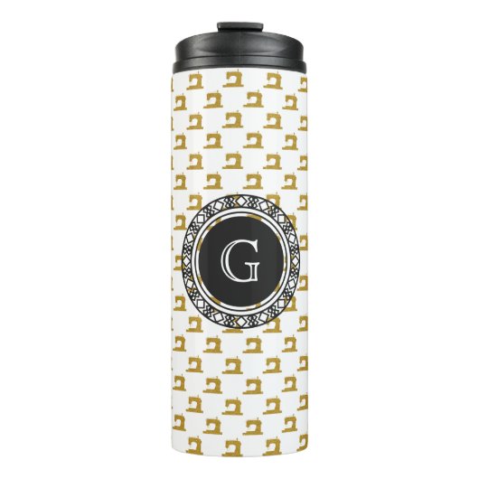 金ゴールド裁縫マシンパターンw/モノグラム・クラフツ タンブラー (正面)