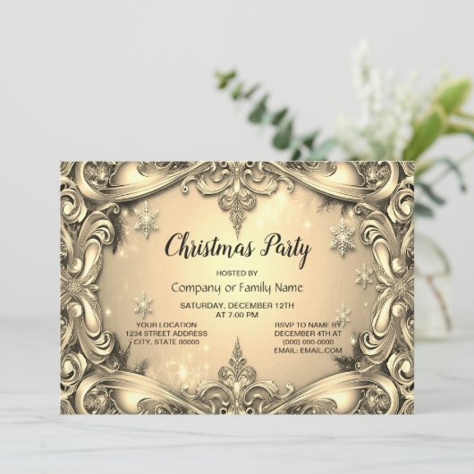 金ゴールド装飾クリスマスパーティの招待状 招待状 (スタンド正面)