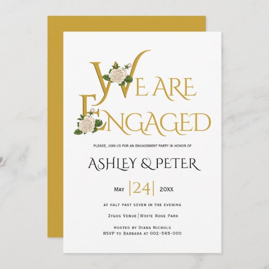 金ゴールド装飾タイポグラフィ、バラ婚約パーティ 招待状 (正面/裏面)