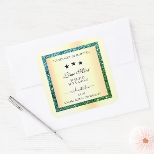 金ゴールド製品パッケージングラベルティール（緑がかった色）緑グリッター スクエアシール (封筒)