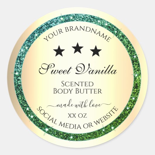 金ゴールド製品パッケージングラベルティール（緑がかった色）緑グリッター ラウンドシール (正面)