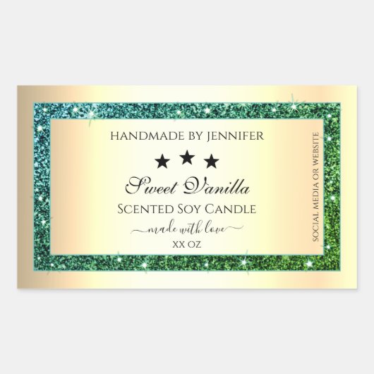 金ゴールド製品パッケージングラベルティール（緑がかった色）緑グリッター 長方形シール (正面)