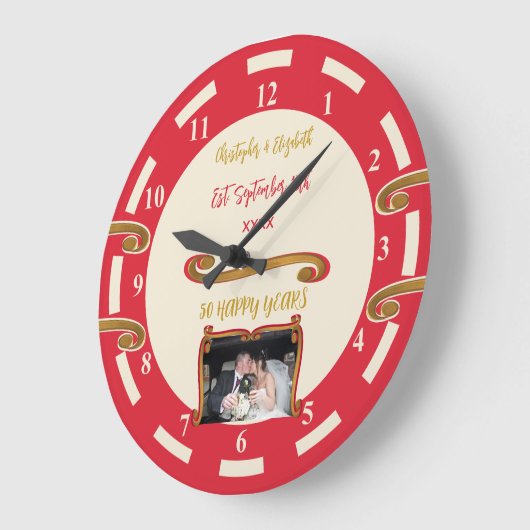 金ゴールド記念日50年の名前を追加フォトレッド ラージ壁時計