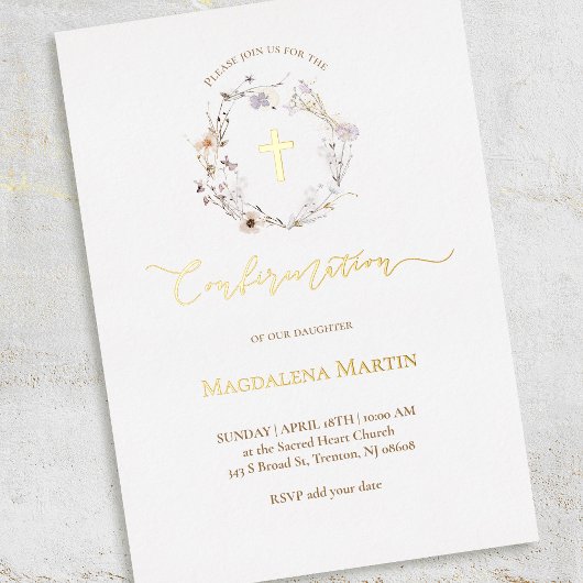 金ゴールド詳細ワイルドフラワーリース確認 箔招待状