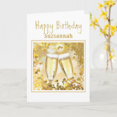 金ゴールド誕生日シャンパンフルートアドカスタム写真 カード (黄色い花)