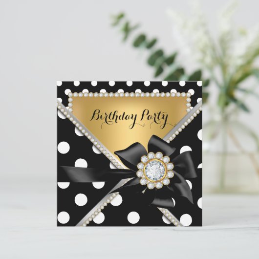 金ゴールド誕生日パーティ白黒水玉模様 招待状 (スタンド正面)