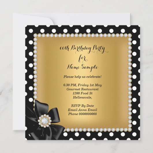 金ゴールド誕生日パーティ白黒水玉模様 招待状 (裏面)