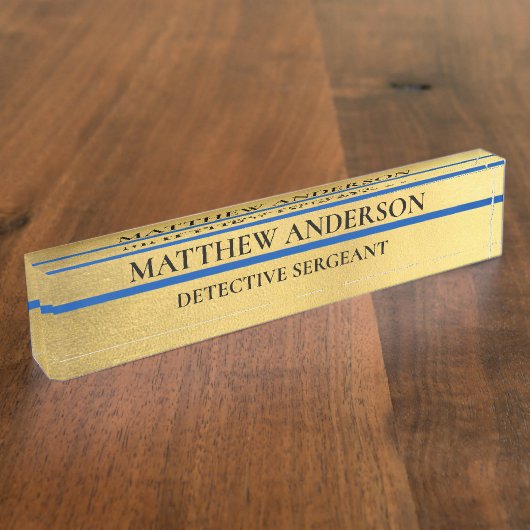 金ゴールド警察軍曹机用ネームプレート薄い青い線 デスクネームプレート (側面)