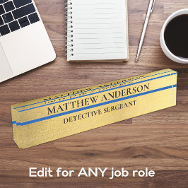 金ゴールド警察軍曹机用ネームプレート薄い青い線 デスクネームプレート