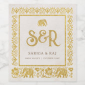 金ゴールド象と蓮の花結婚のモノグラム ワインラベル (シングルラベル)