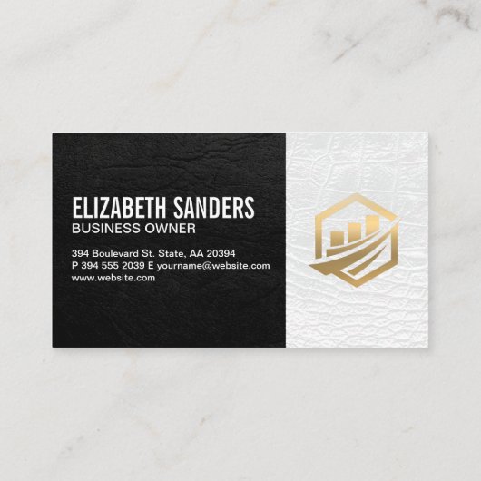 金ゴールド財務アイコン | 白黒レザーエグゼクティブ 名刺 (裏面)