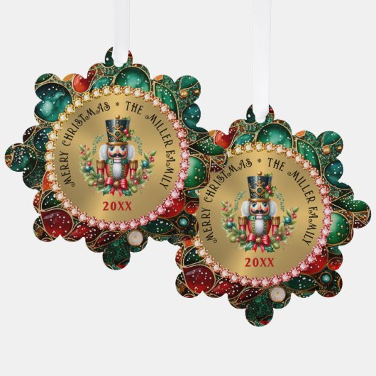 金ゴールド赤いクリスマスくるみ割り、グリッターフレーム オーナメントカード (正面/裏面)