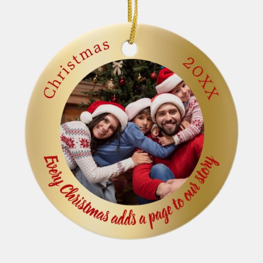 金ゴールド赤い写真の家族の物語の引用文クリスマス セラミックオーナメント (正面)