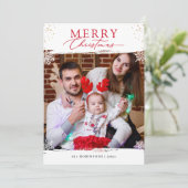 金ゴールド赤い白い雪片メリークリスマスフォト シーズンカード (スタンド正面)