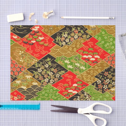 金ゴールド赤い緑の着物日本のフローラの切り離し 薄葉紙 (クラフト)