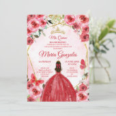 金ゴールド赤い花スペインの女の子スウィート15誕生日 招待状 (スタンド正面)