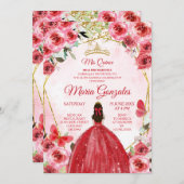 金ゴールド赤い花スペインの女の子スウィート15誕生日 招待状 (正面/裏面)