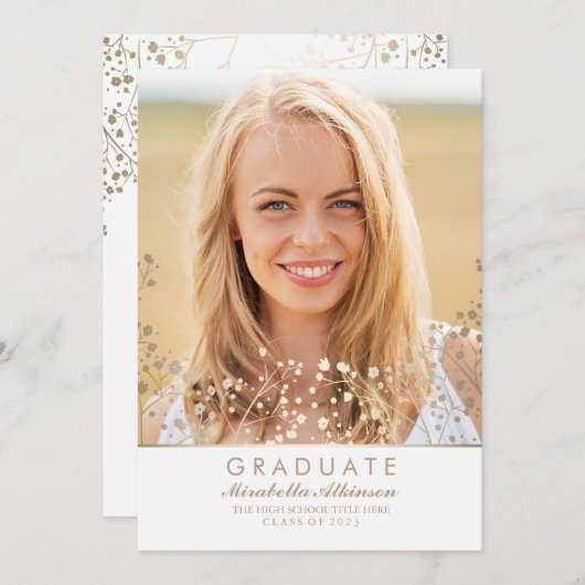 金ゴールド赤ちゃんの息の白い写真卒業 招待状 (正面/裏面)