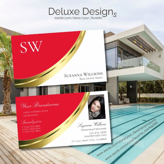 金ゴールド赤と白デコールとモノグラムと写真 名刺