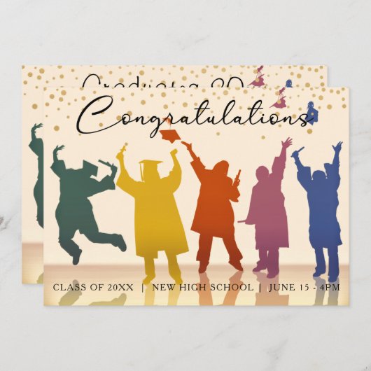 金ゴールド赤の卒業式のシルエット発表 招待状 (正面/裏面)