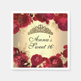 金ゴールド赤エレガントフローラをテーマにしたSweet sixteen スタンダードカクテルナプキン