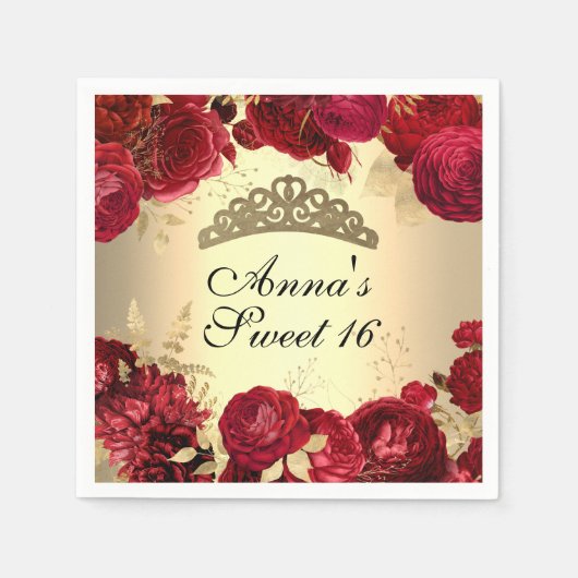 金ゴールド赤エレガントフローラをテーマにしたSweet sixteen スタンダードカクテルナプキン (正面)
