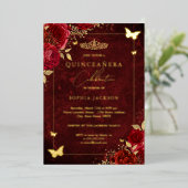金ゴールド赤エレガントフローラ蝶キンセアニェラ 箔招待状 (立ち正面)