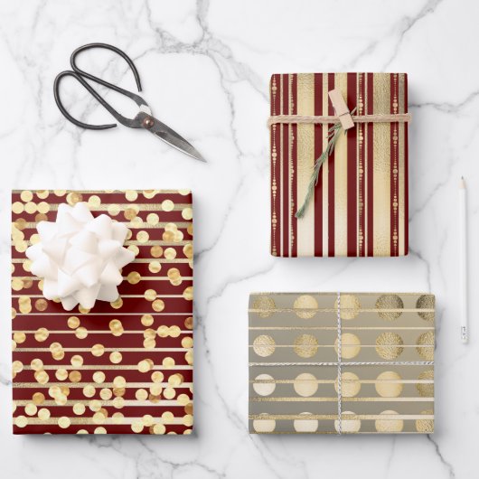 金ゴールド赤ストライプ紙吹雪エレガントフォーマル模様 ラッピングペーパーシート (正面)