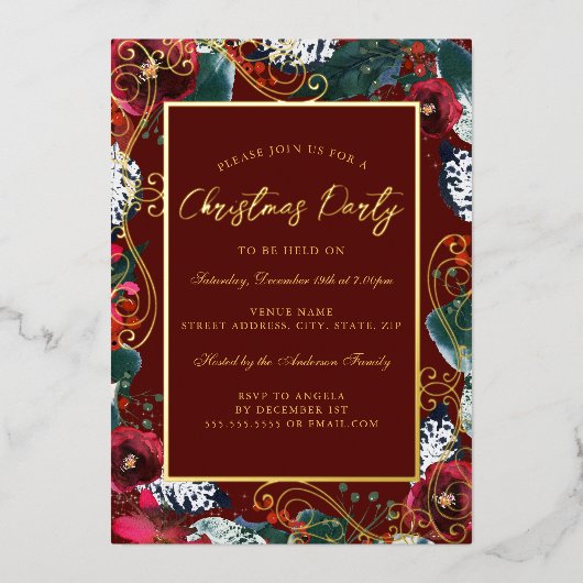 金ゴールド赤スワール花枠クリスマスパーティー 箔招待状 (正面)